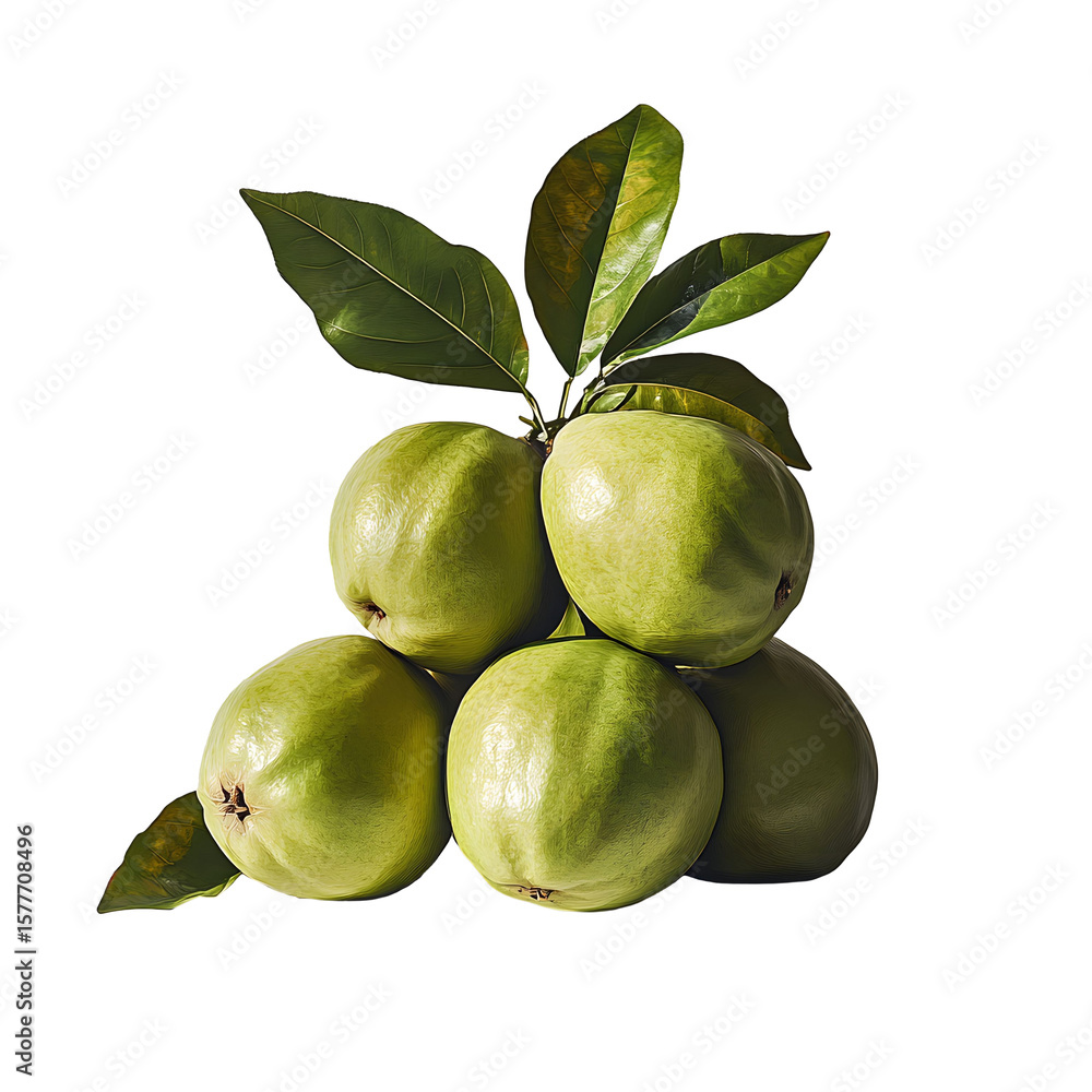Obraz premium Closeup of a Cluster of Ripe Green Guavas with Leaves on a Transparent Background