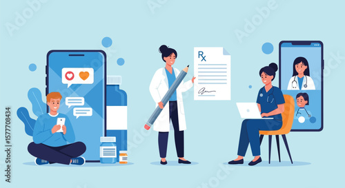 Vector art of a vector illustration shows a telemedicine consultation with doctors and patients connecting through mobile apps for virtual healthcare and medical advice