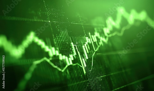 Photo of an abstract green stock market chart displays financial data and investment trends, representing business growth and economic analysis in a digital format