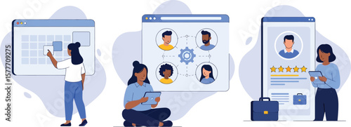 Vector art of diverse team members are collaborating online through virtual meetings and digital platforms, showcasing teamwork and effective communication
