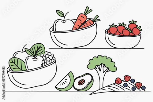 Bowls of fresh fruits and vegetables, isolated on white background