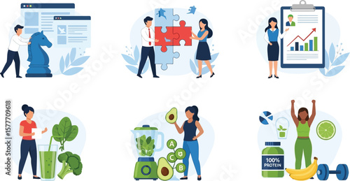 Vector art of a set of illustrations depicting business strategy, teamwork, healthy nutrition, and fitness activities