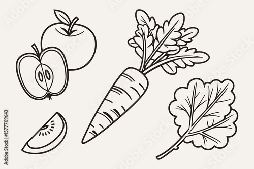 Hand drawn fruits and vegetables illustration for healthy eating concept