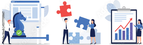Vector art of business professionals collaborate on strategy, piecing together puzzles and analyzing charts to achieve growth and success