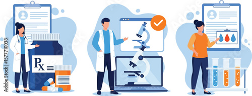 Vector art of doctors and nurses conduct laboratory research, analyze medical records, and prescribe medication for patient treatment and healthcare