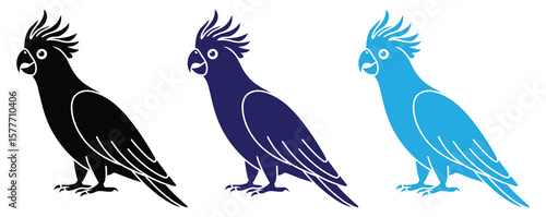 Cockatoo Icons. Black and White Vector Illustration. Tropical Parrot, Bird. For Coloring Book Design. Domestic Animals Concept.Set of cockatoo silhouette icon logo template vector illustration design