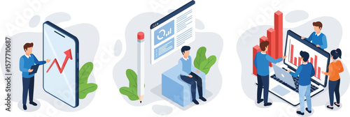 Vector art of isometric illustrations show data analysis, business teams, and digital technology for marketing and analytics