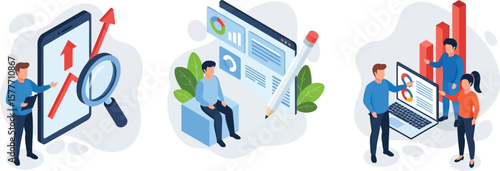 Vector art of an isometric illustration depicts business teams analyzing data, strategizing, and utilizing technology for digital marketing and project management