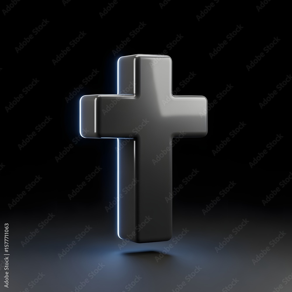 Fototapeta premium Modern Metallic Cross with Neon Glow on Black Background for Religious or Spiritual Themes