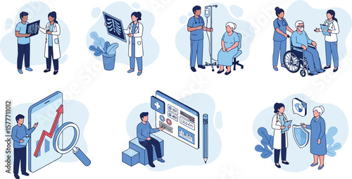 Vector art of an isometric illustration depicts healthcare professionals providing medical care, utilizing digital technology for analysis, and ensuring patient wellbeing in a hospital setting