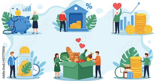 Vector art of illustrations depict various aspects of financial planning, saving, and charitable giving, showcasing the importance of securing ones future and supporting others