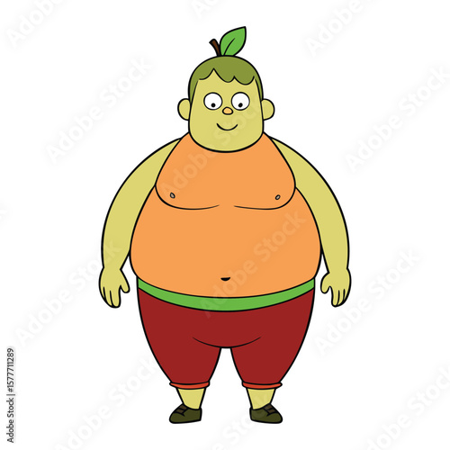 A fat male body with an apple shape, featuring a rounder midsection and broader chest, typical of central weight gain and a fuller upper torso.
