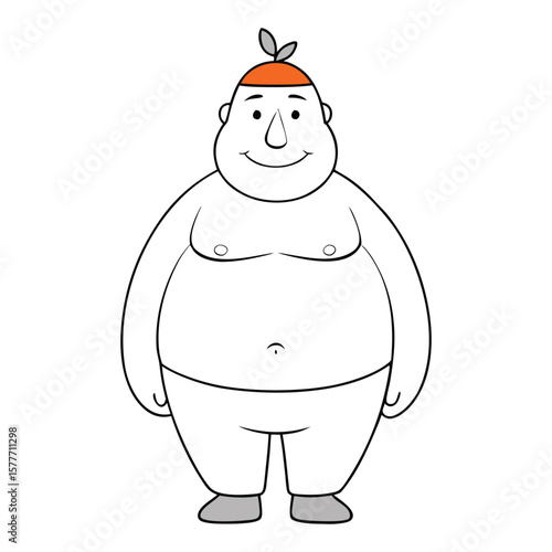 A fat male body with an apple shape, featuring a rounder midsection and broader chest, typical of central weight gain and a fuller upper torso.
