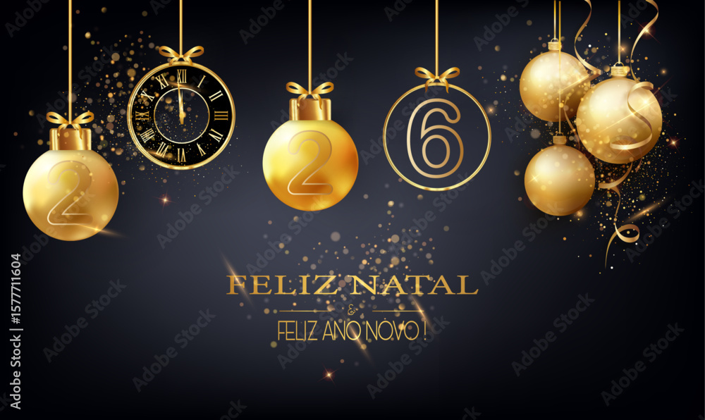 cartão ou banner para desejar um Feliz Natal e um Feliz Ano Novo 2026 em ouro sobre fundo gradiente preto com glitter, bolas de Natal, serpentinas e um relógio pendurado na cor dourada