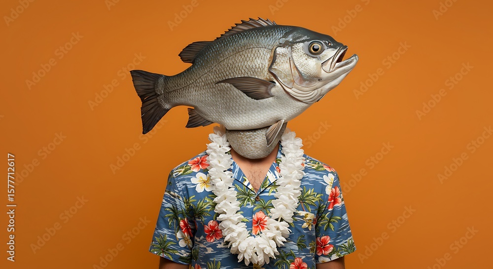 Naklejka premium オレンジ色の背景、魚頭の人物写真