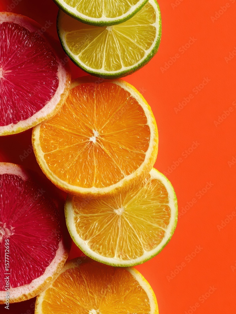 Fototapeta premium Citrus Fruit Wheel Showcasing Vibrant Slices in Modern Minimal Style With Space for Text