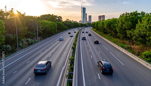 Highway at sunset with city skyline