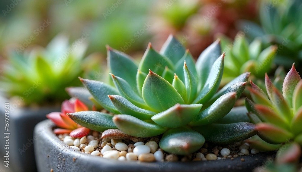 Obraz premium HD photography of a vibrant succulent garden, featuring a variety of colorful succulents and cacti in different shapes and sizes. Detailed close-up textures of leaves, water droplets on the surface, a