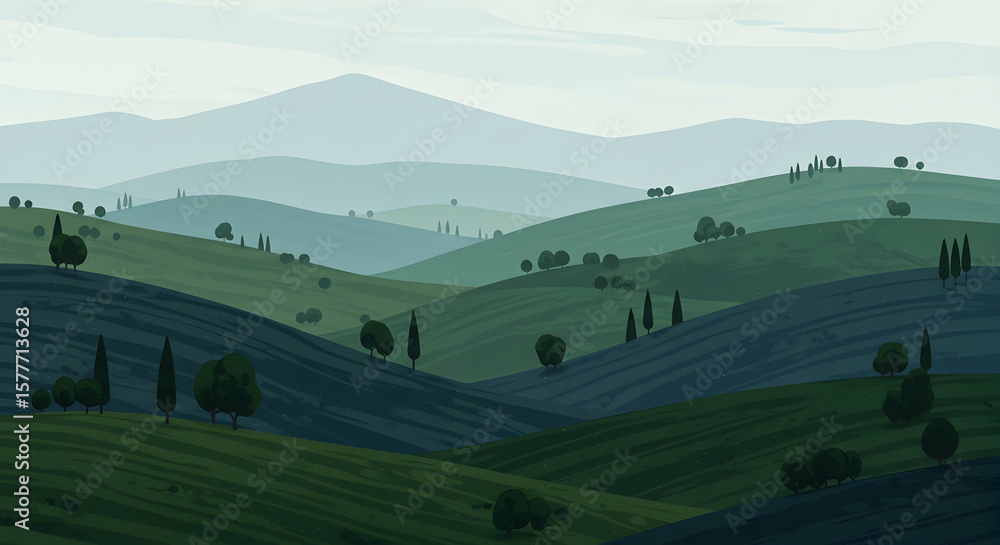 Naklejka premium Serene Rolling Hills Landscape Peaceful Nature Scene