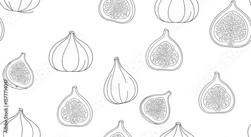 A delightful pattern featuring hand drawn figs scattered across a white background