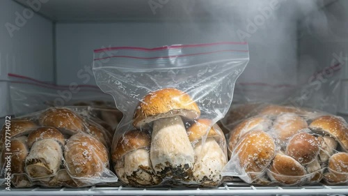 Frozen porcini mushrooms packed in ziplock bags and stored in a commercial freezer. Ideal for visuals related to food preservation, cold storage, frozen products, and sustainable food practices.