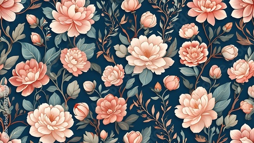 Elegant Floral Pattern: Seamless Peonies with Subtle Peach Tones on Navy Backdrop, Romantic Floral Wallpaper Design: Gentle Peach Peonies with Intricate Details