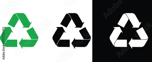 Recycling Symbol Icon Set – Green, Black, and White Variants of Environmental Sustainability Arrows on Contrasting Backgrounds