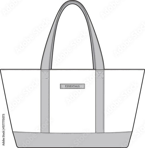 CAD drawing flat vector illustration, stylish tote bag design, fashion accessory mockup, detailed sketch, modern, elegant, versatile design layout