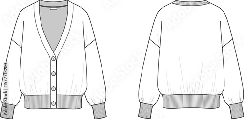 Cad drawing, flat vector illustration, fashion sweater, front view, back view, clothing design, cardigan, garment sketch, apparel, knitwear