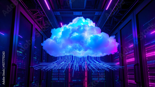 cloud inside server room, vibrant colors, purple and blue tones, data stream below cloud, futuristic design, sleek servers, glowing lights, high-tech atmosphere, immersive data streams,. Generative AI