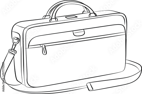 Professional business laptop bag, stylish office briefcase, shoulder strap accessory, CAD drawing, flat vector illustration, high-quality bag design, functional layout