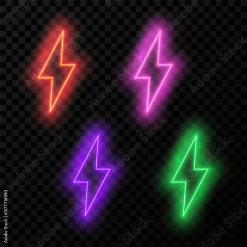 Multicolored neon lightning in fog