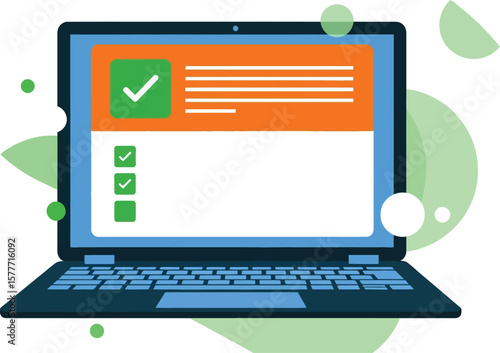 Laptop displaying a checklist with green checkmarks on a green background