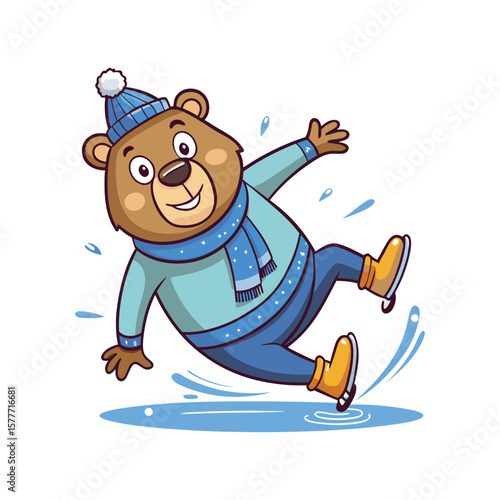 Funny Ice Skating Bear Slipping on Ice Vector Illustration. Comical Winter Animal Character Design with White Background. Cute and Humorous Clip Art.