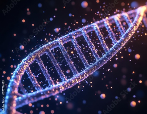 Glossy DNA strand fading into digital noise particles, high-detail macro.