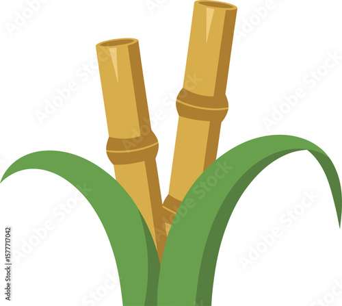 Vector illustration set of green sugarcane cartoon flat style design. Sugarcane plant with stem and leaf. Sugar plant agricultural crops, cane leaf, sugarcane juice vector icons, logo, template pack