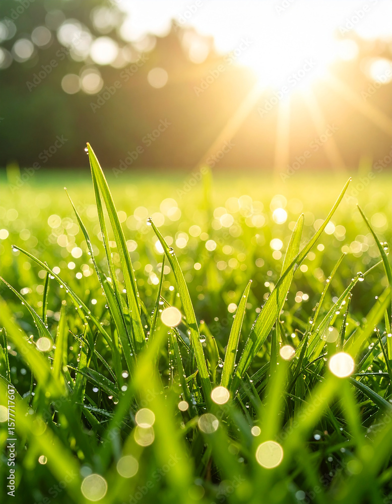 Fototapeta premium Vibrant Green Grass Field with Dew Drops and Soft Sunlight.bokeh, drop, droplet, growth, peaceful, vibrant, wet, sunlight, dew, light, morning, blade, field, grass, green, macro, nature, background,