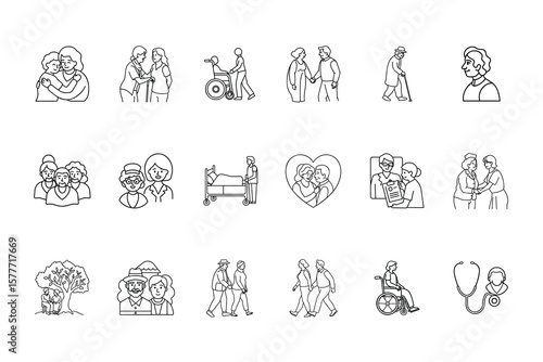 Line art icons depicting elderly care themes including hugging, walking, wheelchair, medical care