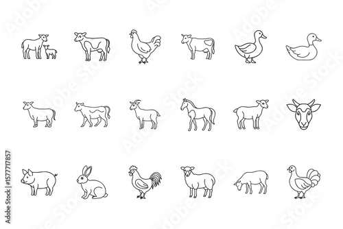 Line art farm animal icons including cow duck sheep pig horse goat rabbit rooster hen Bundle