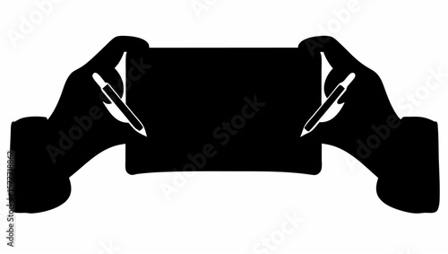 Two hands holding a paper sheet and writing on it