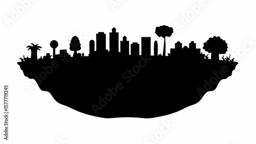 Silhouette of city skyline on floating land mass