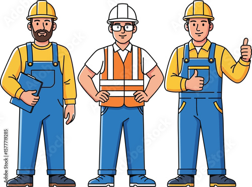Three cartoon construction workers standing in a row on white background