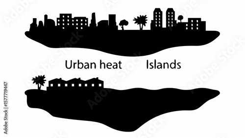 Silhouetted cityscapes on floating landmasses art