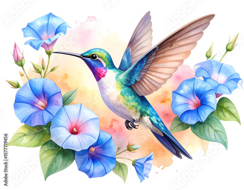 Watercolor Hummingbird Floating Around Blue Morning Glories with Pink Sunrise Wash, Artistic PNG