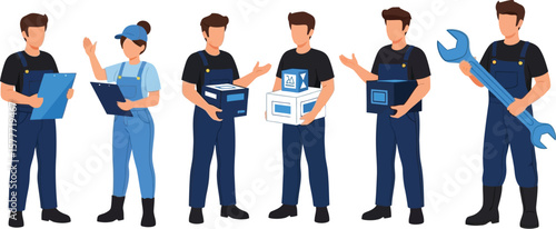 Group of workers in blue overalls with boxes and tools on white background