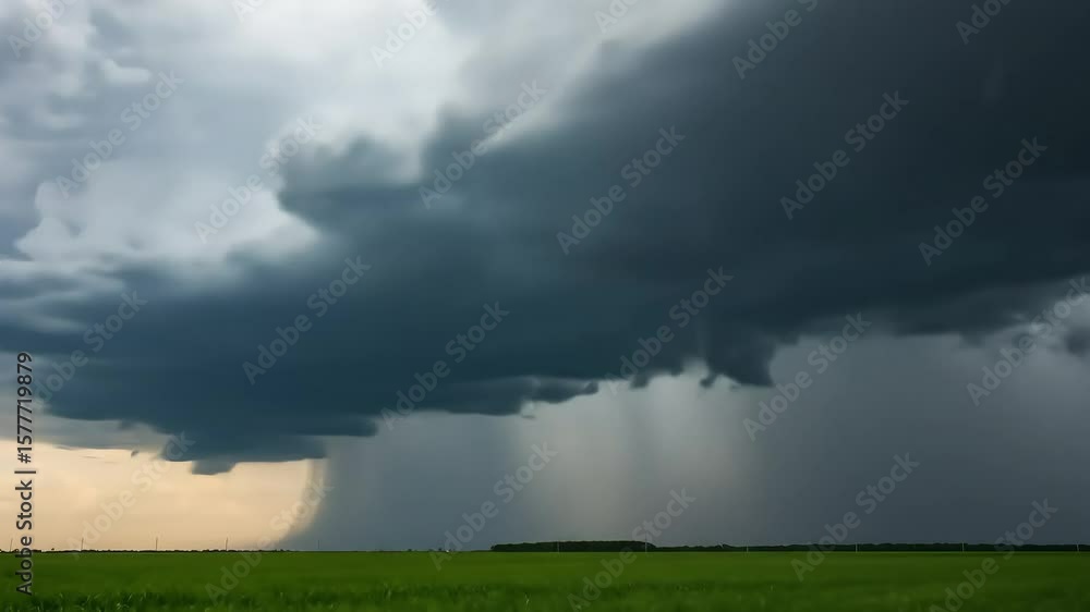 Dark Storm Clouds And Heavy Rain Over Green Field Landscape With Dramatic Sky Dark Storm Clouds And Heavy Rain Over Green Field Landscape With Dramatic Sky