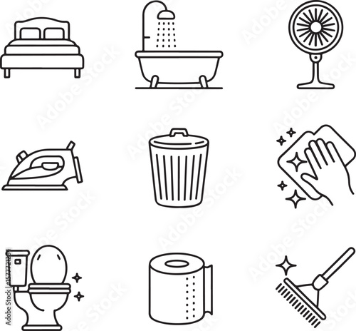 Line Art Icons Illustrating Household Chores and Items for Cleaning, Hygiene, and Comfort at Home