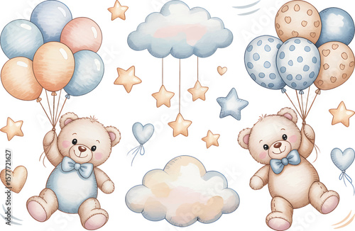 Watercolor teddy bear set with balloons, clouds and stars. Cute baby shower design elements.