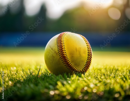 close up of a yellow softball resting on vibrant green grass with a blurred background of a sports field under soft natural light