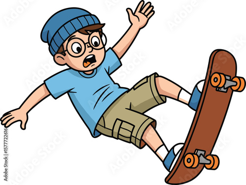 Young skateboarder performing aerial tricks, blue shirt and shorts, dynamic motion, urban sports action, active lifestyle, youth, fun, adventure